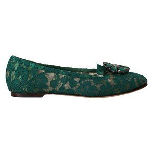 Dolce & Gabbana Green Lace Crystal Ballet Flats Loafers Shoes
